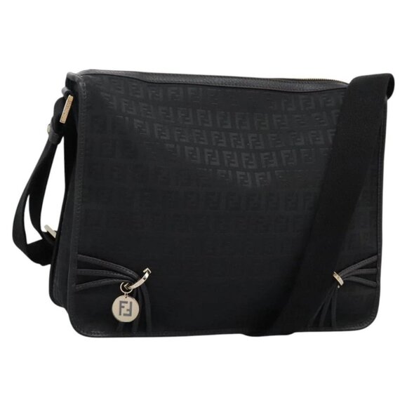 FENDI Zucchino Canvas Shoulder Bag Black Auth PP376V - Picture 1 of 16